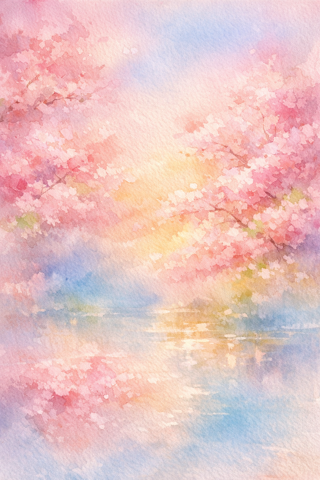 Blossoms at Dawn — reverse coloring page watercolor background