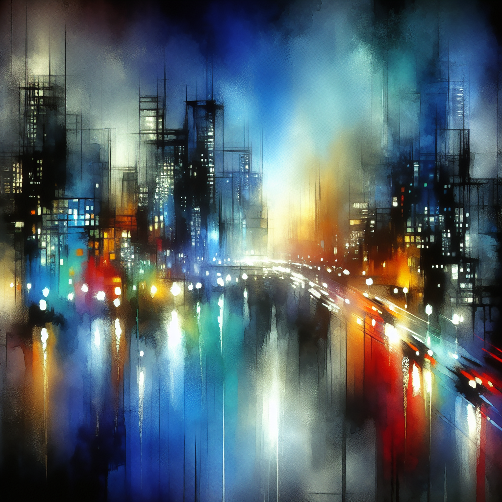 Nocturnal Hues: Cityscape Reflections — reverse coloring page watercolor background
