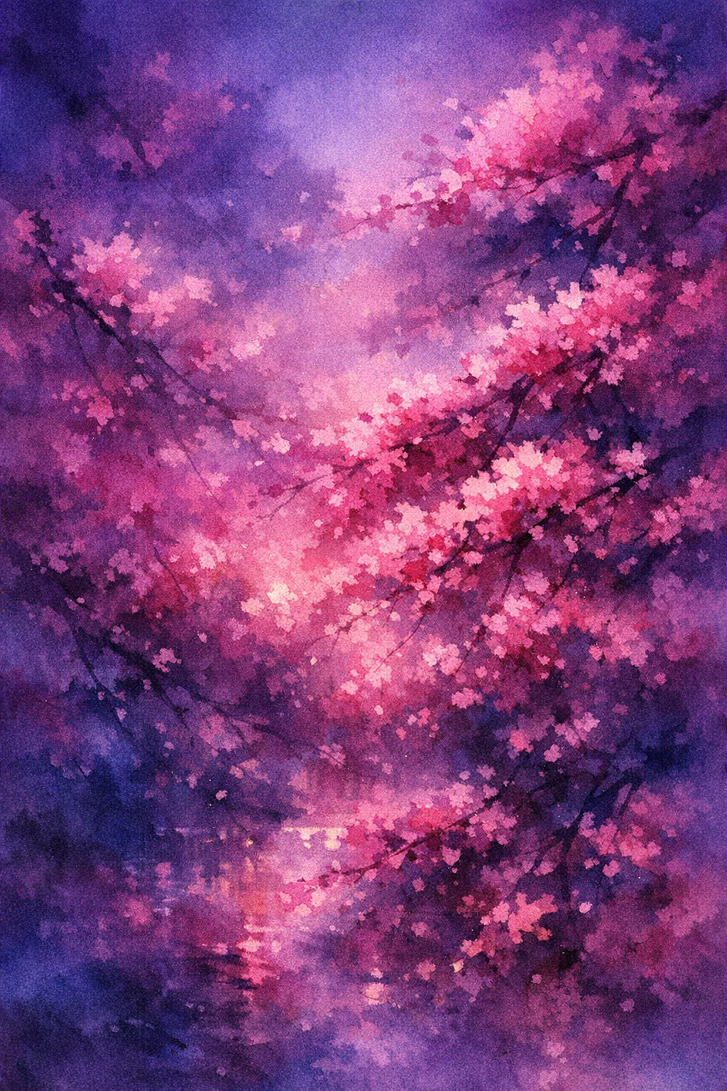 Twilight Blossom Dreams — reverse coloring page watercolor background
